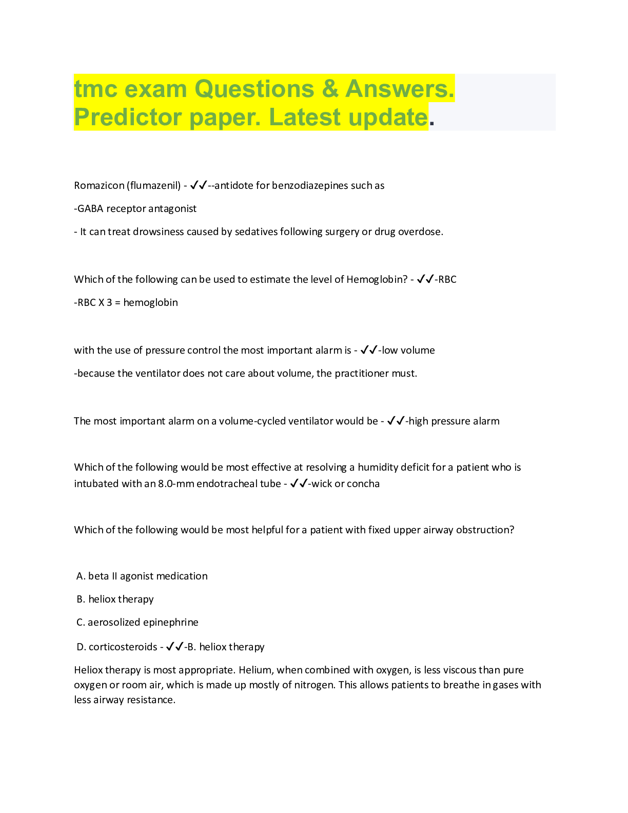 Preview image for tmc exam Questions & Answers.  Predictor paper. Latest update.